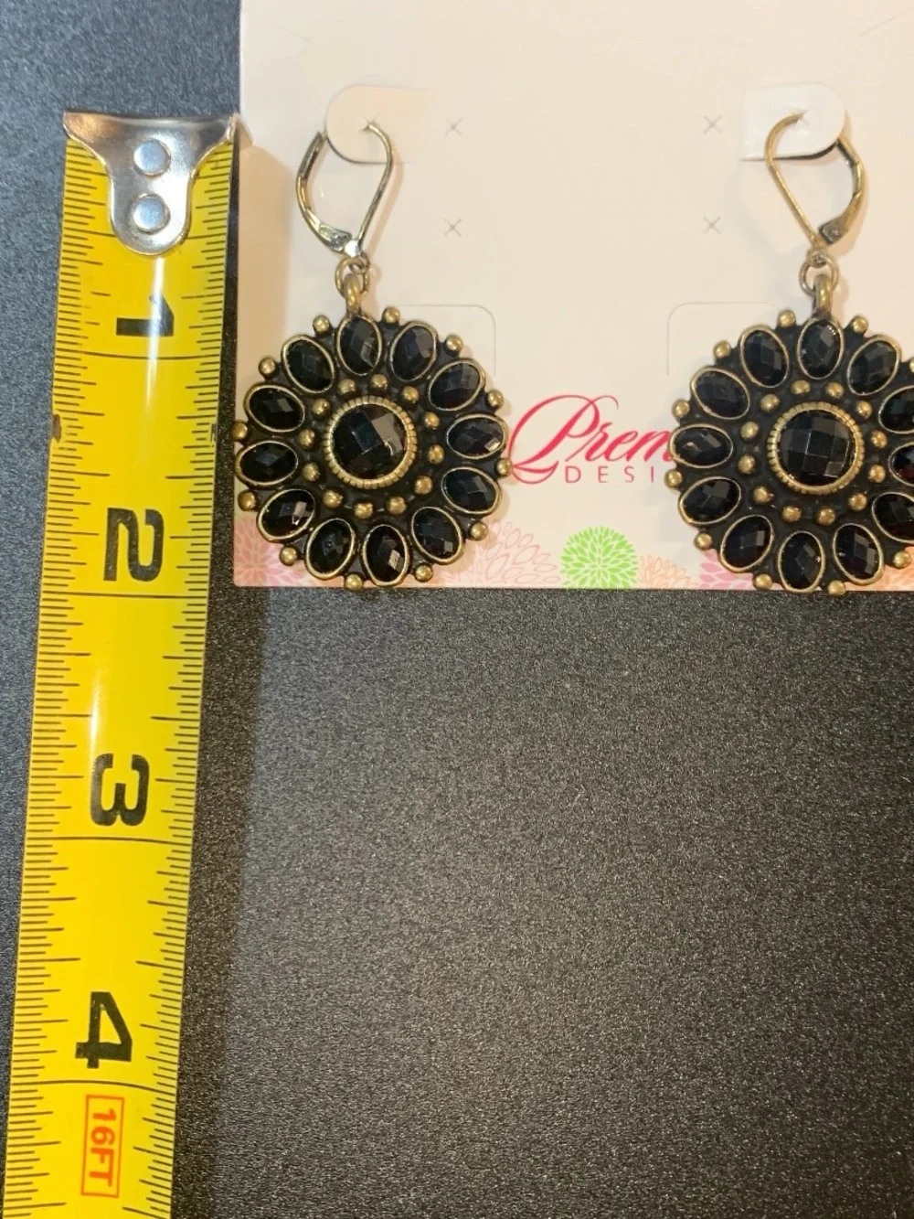 NWT Premier Designs antiqued gold tone and Black Floral Statement Drop Earrings